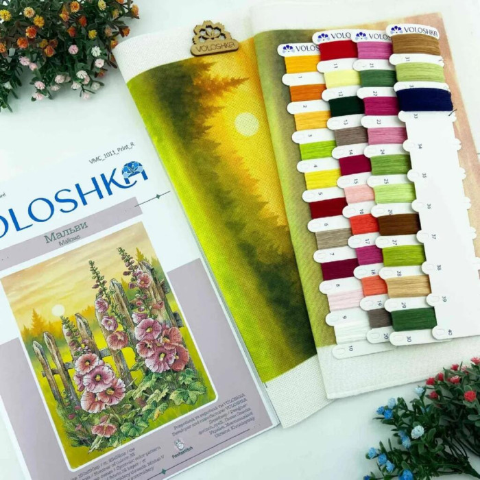 VMC_1011_R Voloshka Набір для вишивки рахунковим хрестиком - Мальви 25x32 см, рівномірка 32 ct (канва з фоном)