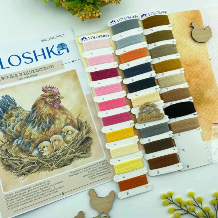 VMC_1018_A Voloshka Набір для вишивки рахунковим хрестиком - Квочка з курчатами 27x26см, Aida 16 (канва з фоном)