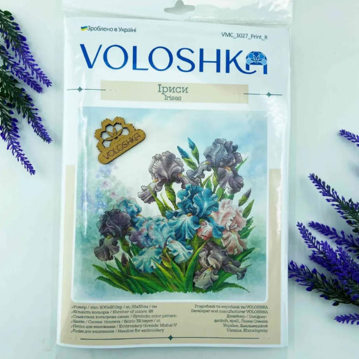 VMC_1027_R Voloshka Набір для вишивки рахунковим хрестиком - Іриси 33x33 см, рівномірка 32 ct (канва з фоном)
