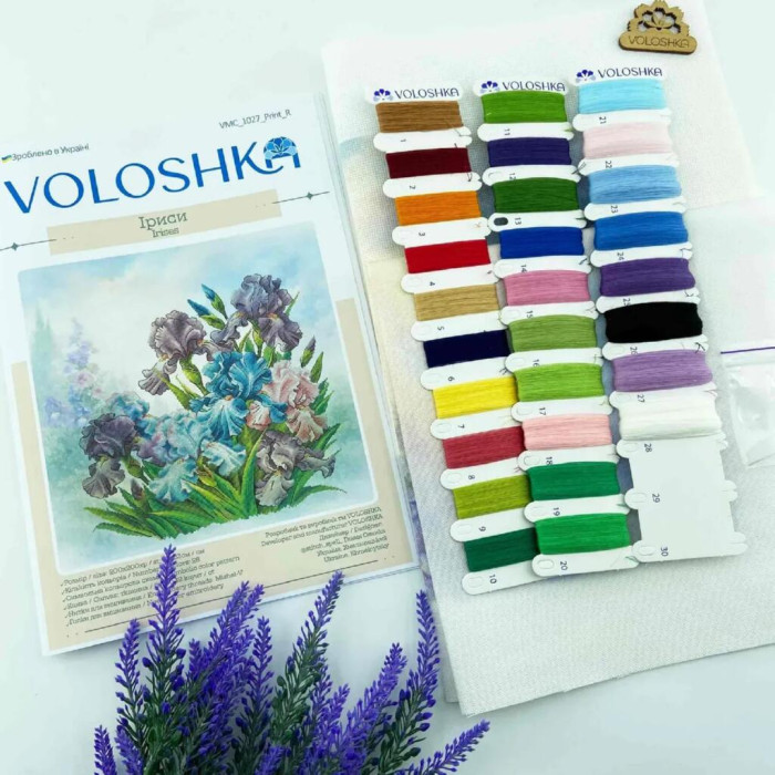 VMC_1027_R Voloshka Набір для вишивки рахунковим хрестиком - Іриси 33x33 см, рівномірка 32 ct (канва з фоном)