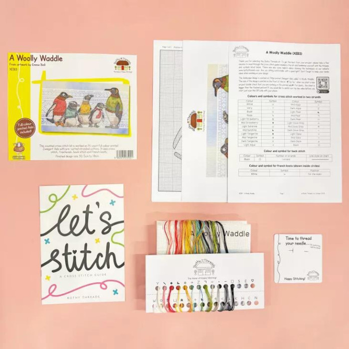 XEB3 Bothy Threads Набір для вишивки хрестиком - Пінгвіни в кофточках A Woolly Waddle 18x30,5 см, Aida 14