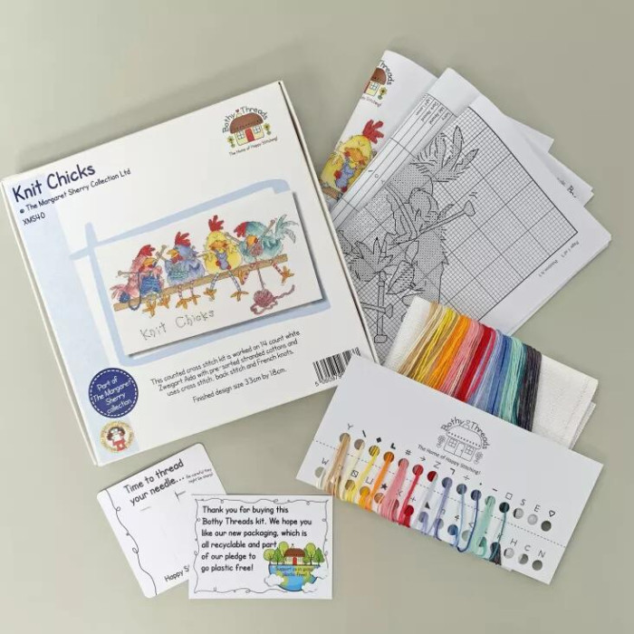 XMS40 Bothy Threads Набір для вишивки хрестиком - Курчочки в'язальниці Knit Chicks 18x33 см, Aida 14
