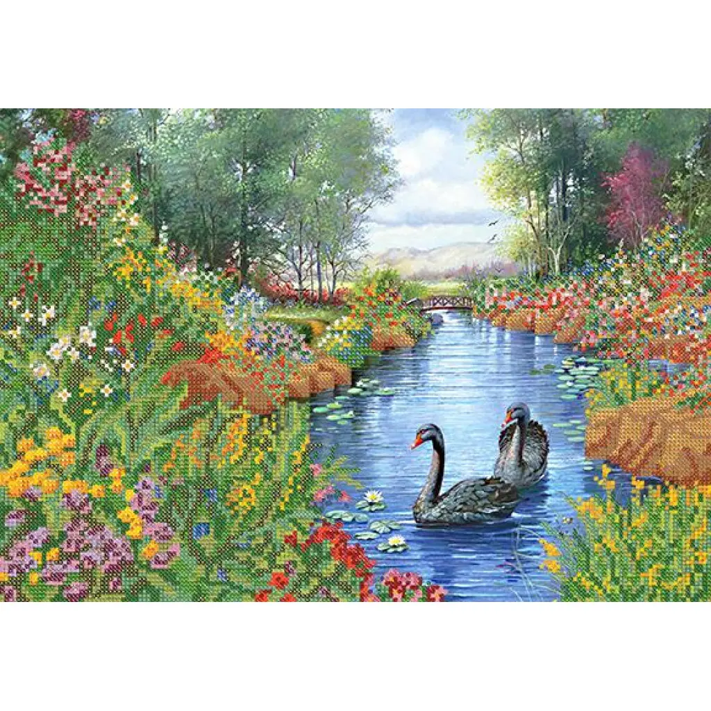 Схема вышивки озеро. Вышивка Лебединое озеро. Вышивка бисером озеро. Лебединое озеро набор для вышивания. Частичная вышивка.